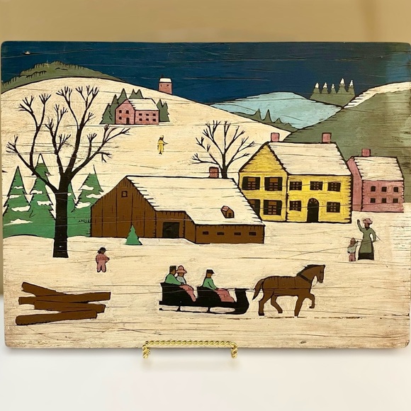 Vintage Folk Art Sleigh Ride Painting on Board 16 x 12 American Snow Horse Farm - Picture 3 of 11